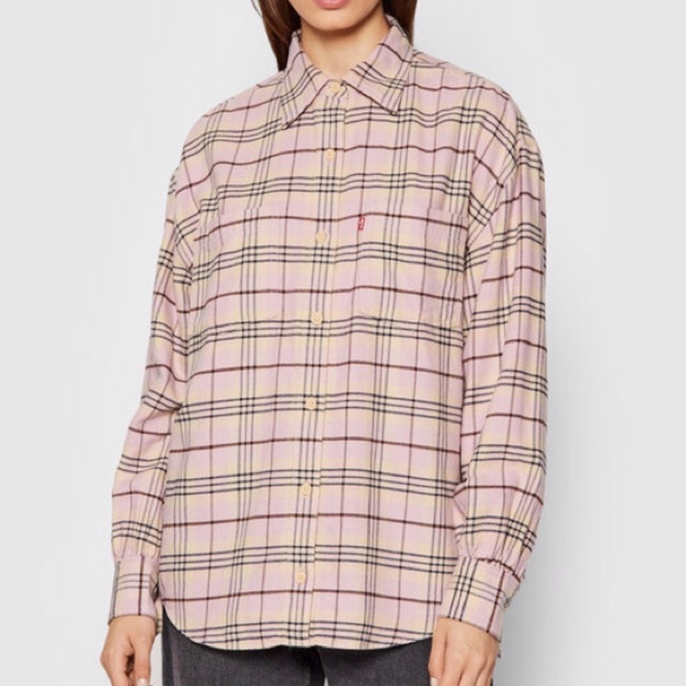 Levis Women S Pink Plaid Flannel Casual Oversized Long Sleeve Remi Utility Shirt